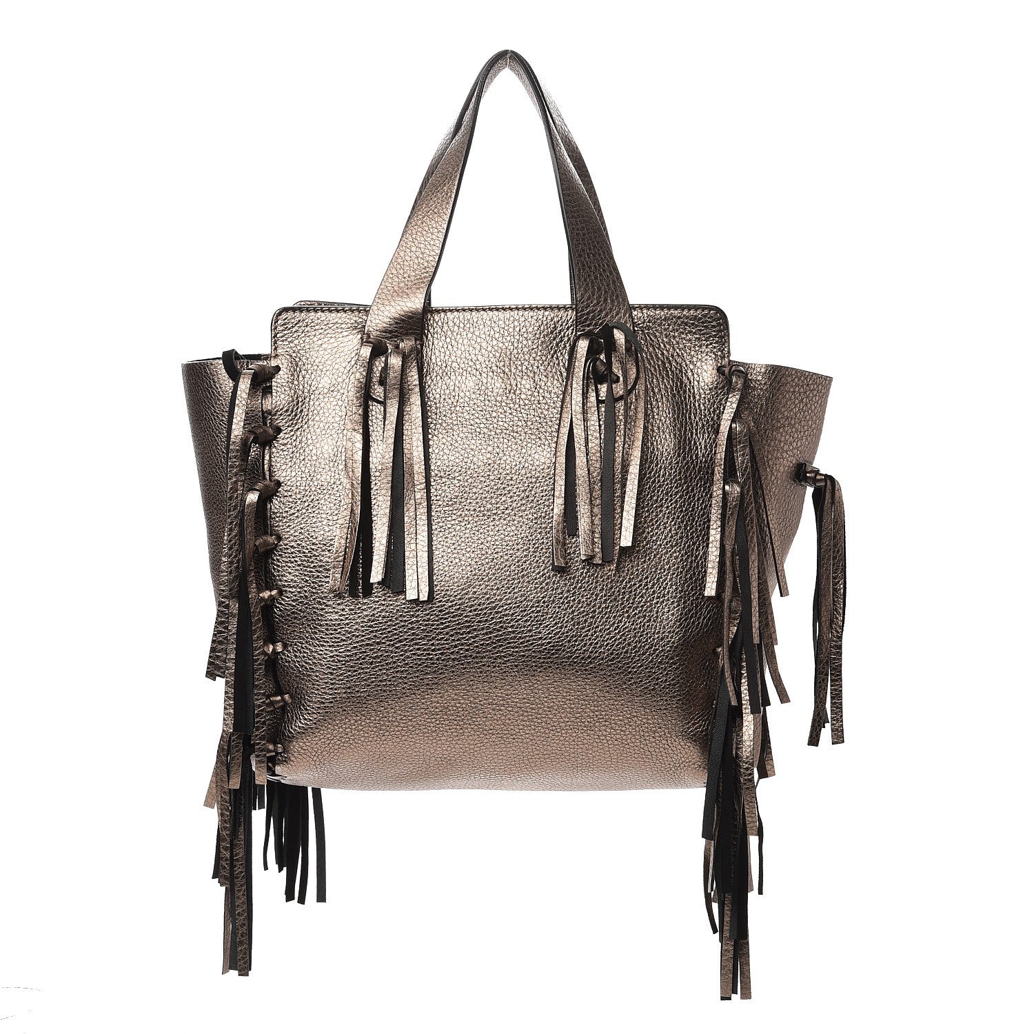 Valentino Garavani Metallic Grained Calfskin C-Rockee Fringe Tote Sasso 1 of 7