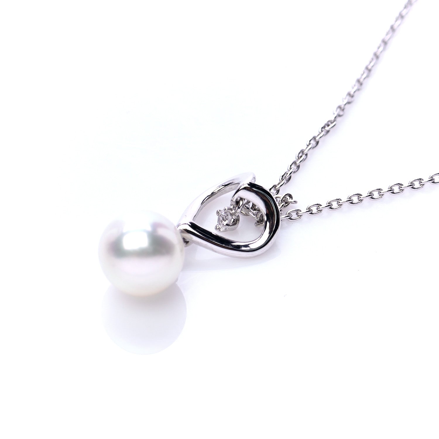 Mikimoto 18K White Gold Diamond Akoya Pearl 7mm Heart Drop Pendant Necklace 4 of 6