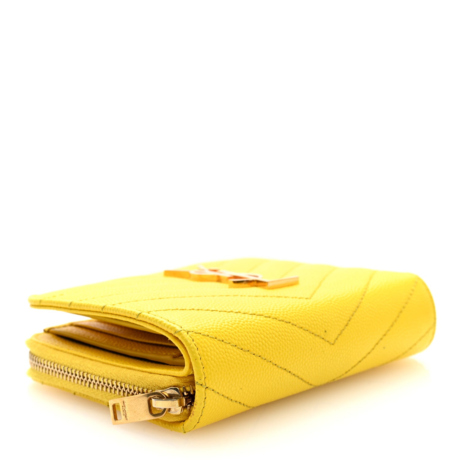 Saint Laurent Grain De Poudre Matelasse Chevron Monogram Compact Zip Around Wallet Mimosa Shiny 4 of 7