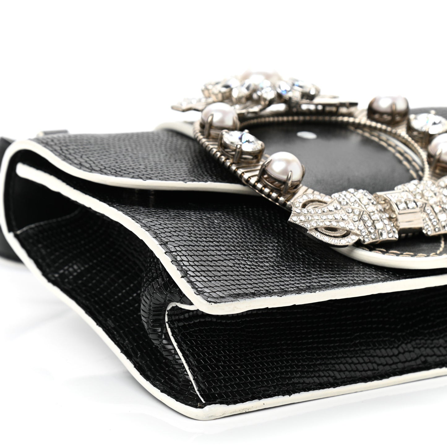 Embossed Lizard Calfskin Crystal Embellished Saint Lucertola Shoulder Bag Black