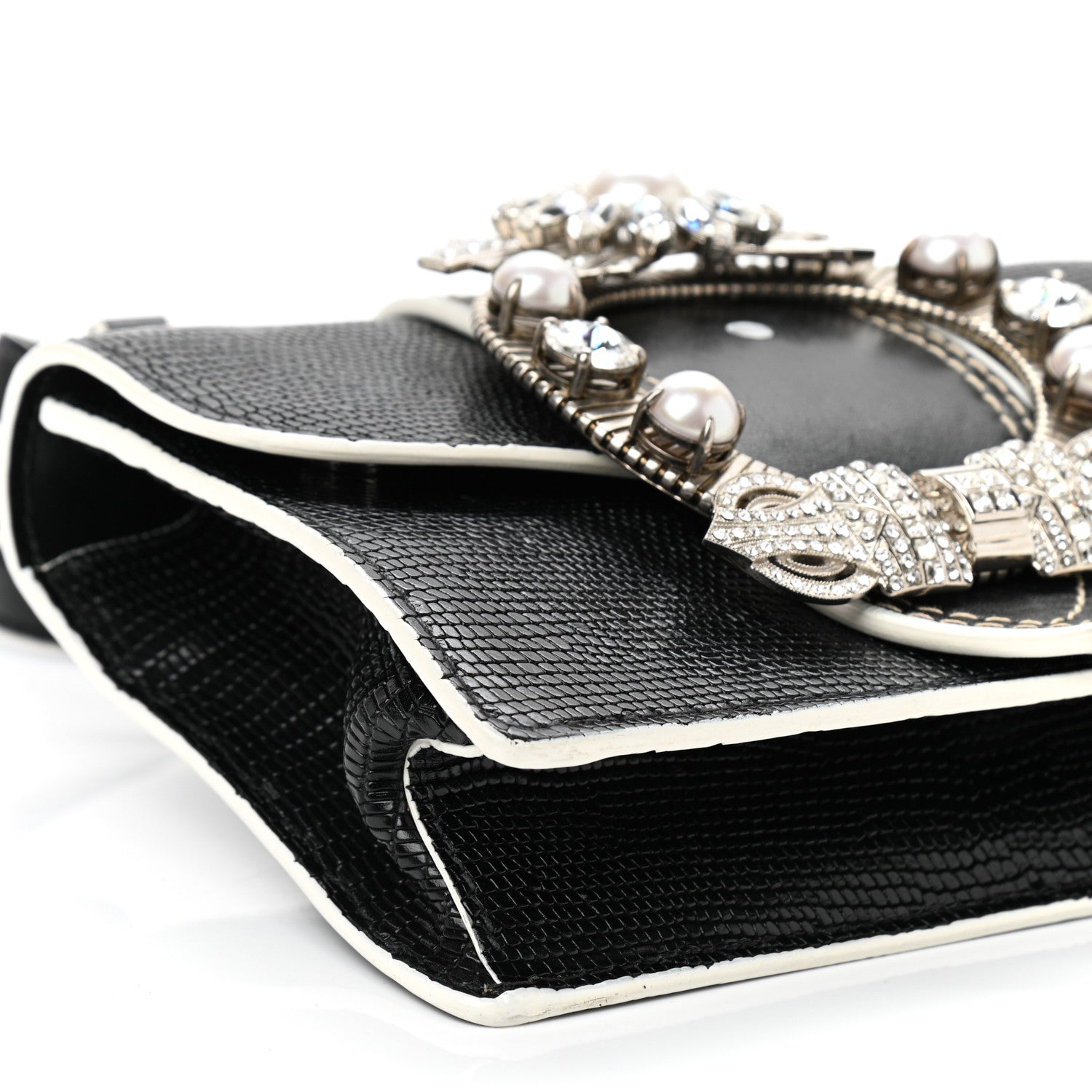 Miu Miu Embossed Lizard Calfskin Crystal Embellished Saint Lucertola Shoulder Bag Black 8 of 11