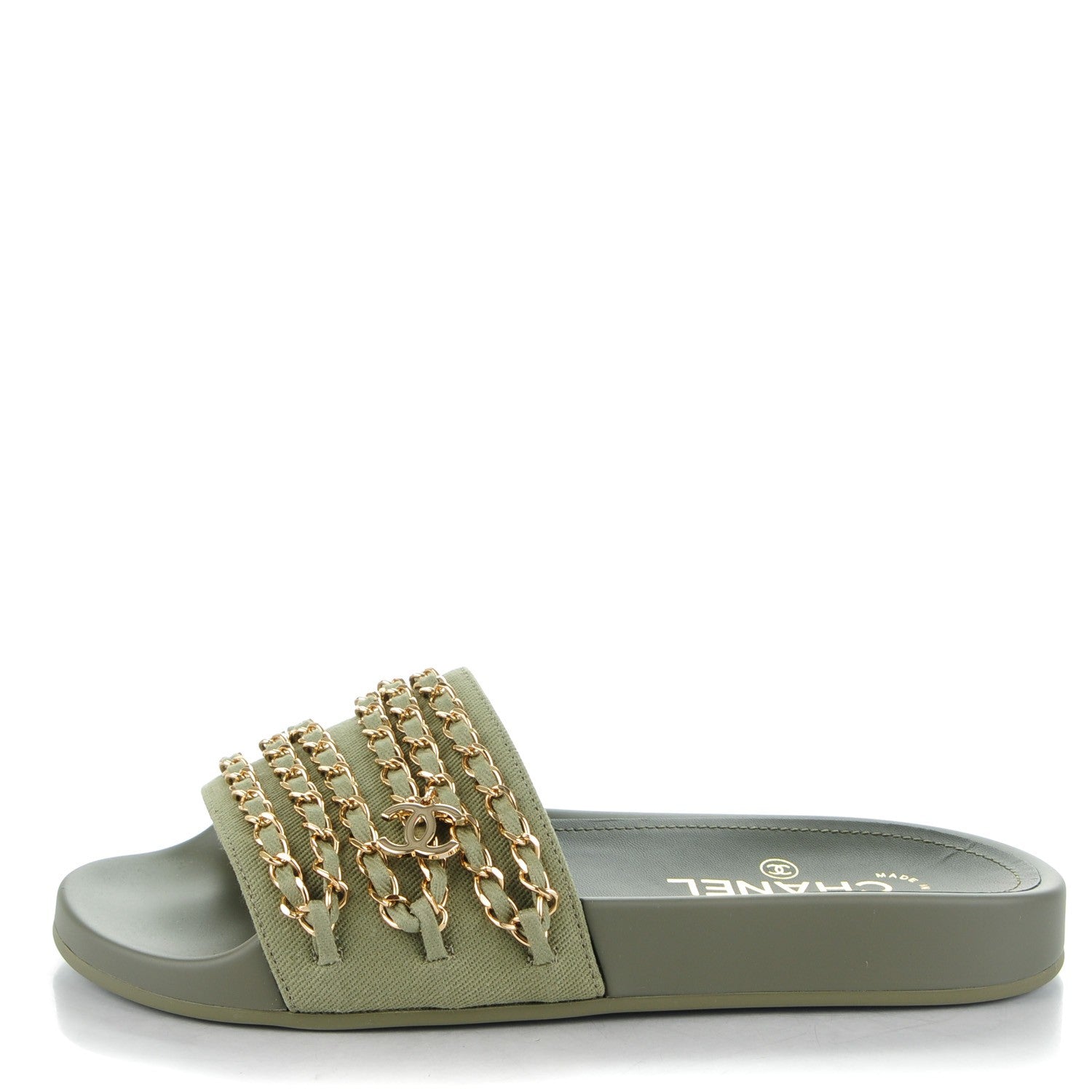Chanel Lambskin Canvas Chain Flat Sandals 37 Khaki 1 of 7