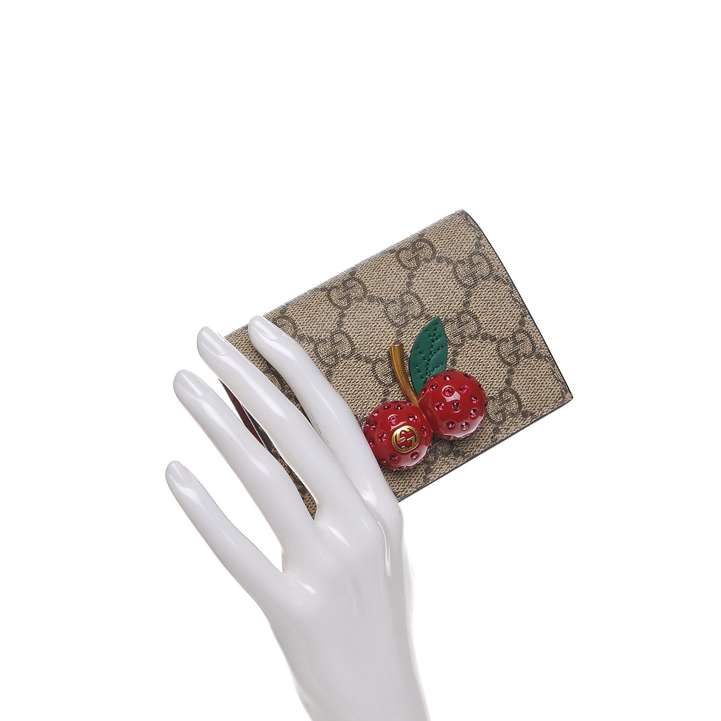 GG Supreme Monogram Cherry Embellished Card Case Wallet Hibiscus Red