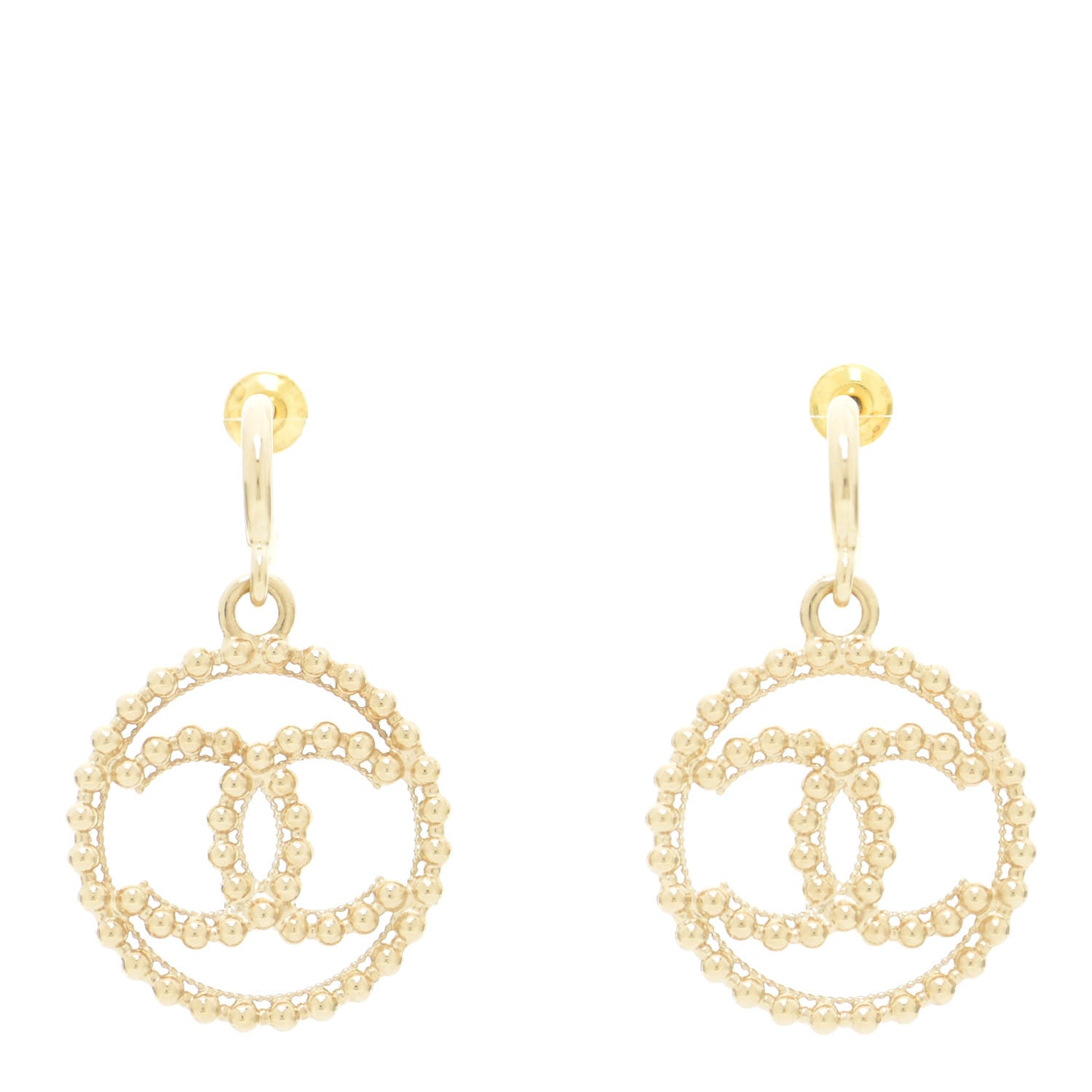 Chanel Metal Bead Round CC Drop Earrings Gold 1 of 6