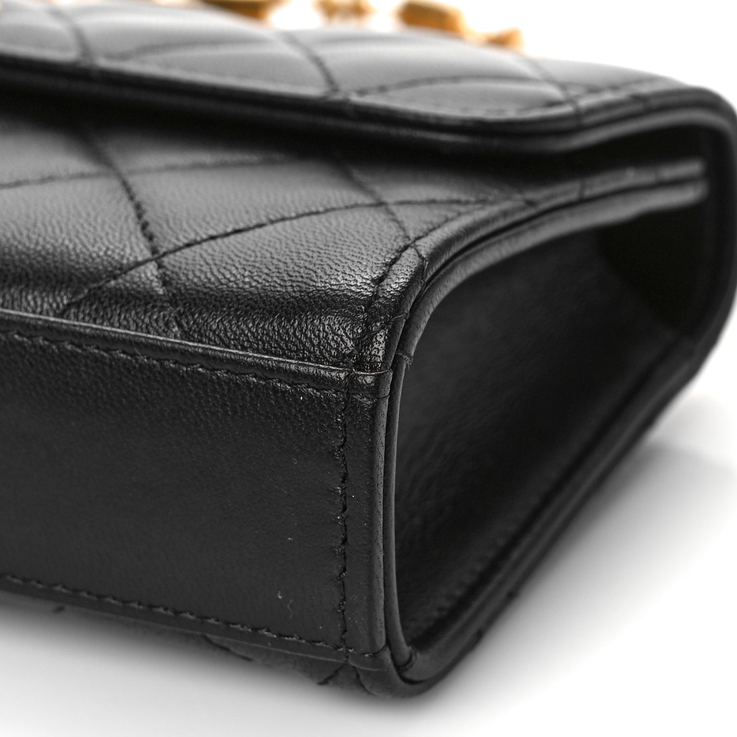 Lambskin Enamel Quilted Top Handle Flap Phone Holder With Chain Black