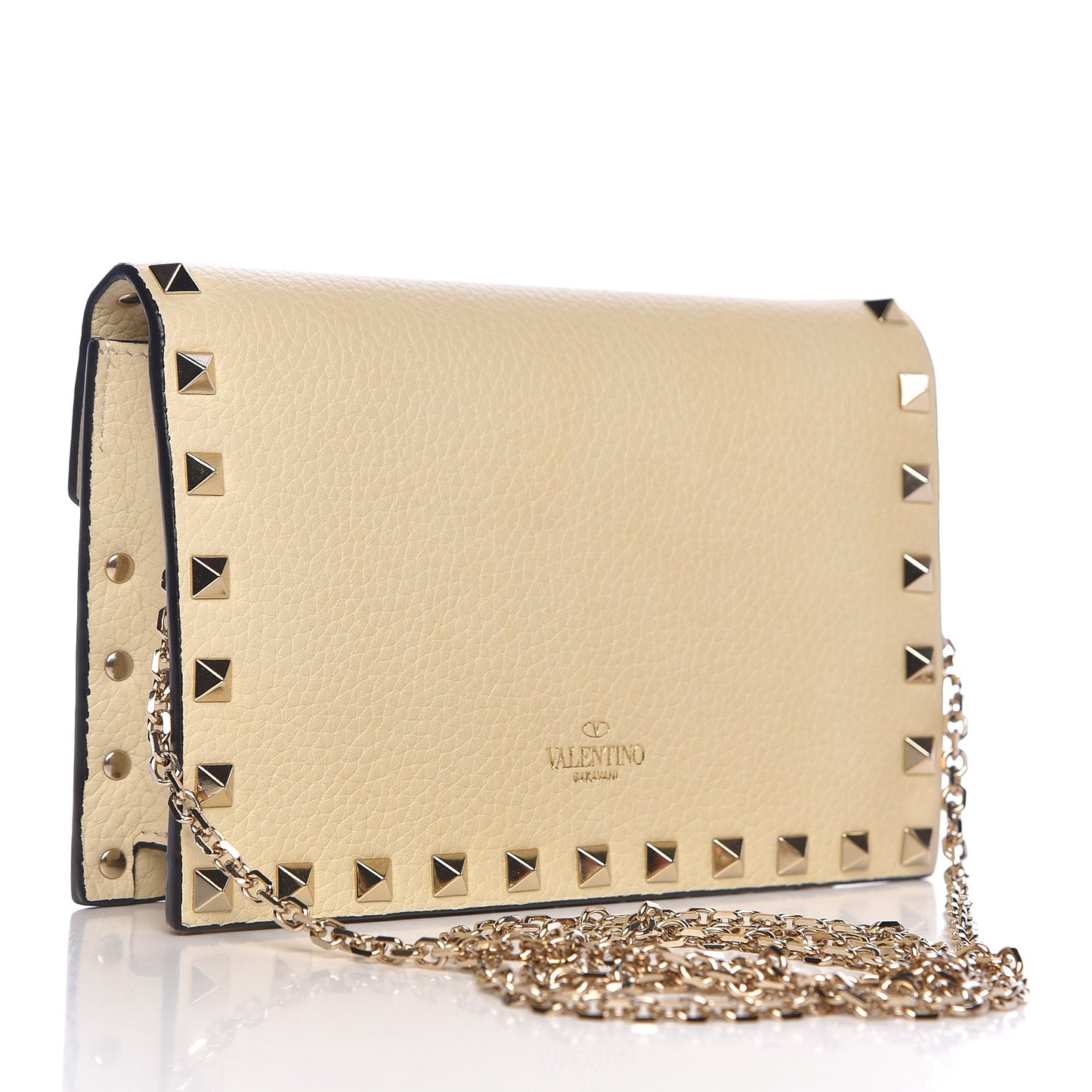 Pebbled Calfskin Rockstud Envelope Wallet on Chain Light Ivory