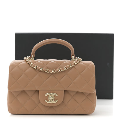Chanel Lambskin Quilted Mini Top Handle Rectangular Flap Dark Beige 11 of 11