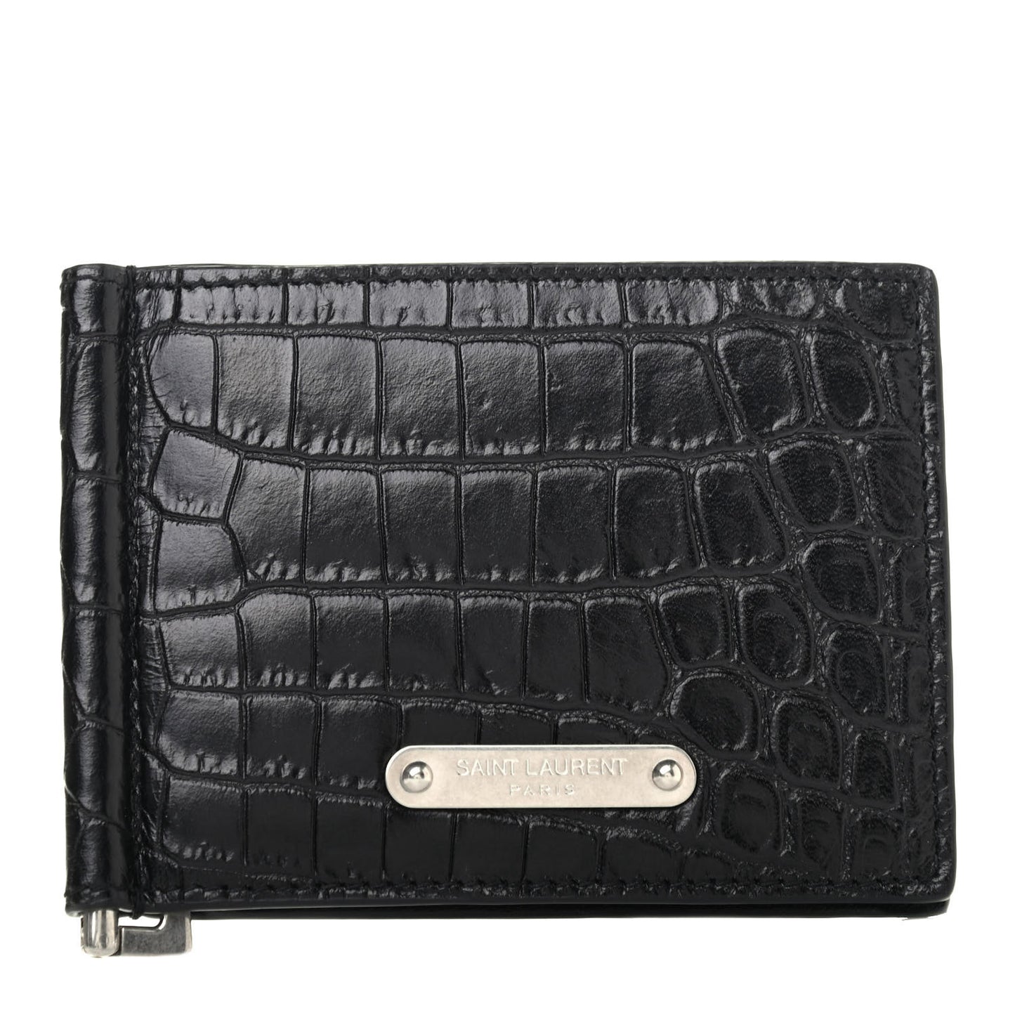 Calfskin Crocodile Embossed Bill Clip Card Case Black