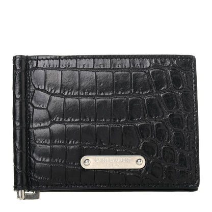 Saint Laurent Calfskin Crocodile Embossed Bill Clip Card Case Black 1 of 4