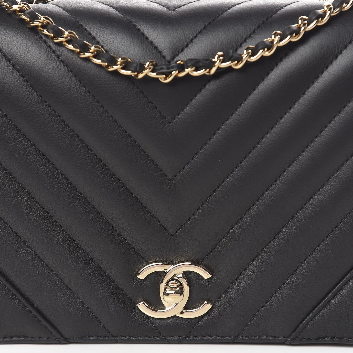 Calfskin Chevron Quilted Statement Flap Black