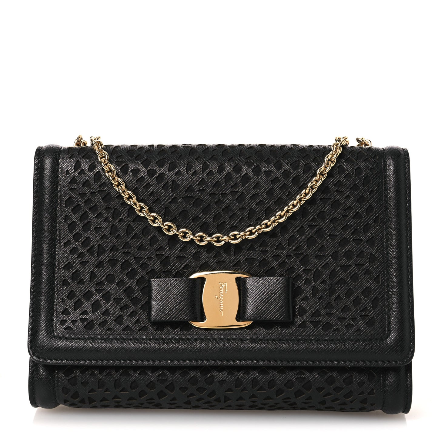 Printed Calfskin Laser Cut Bow Mini Miss Vara Bow Chain Bag Black