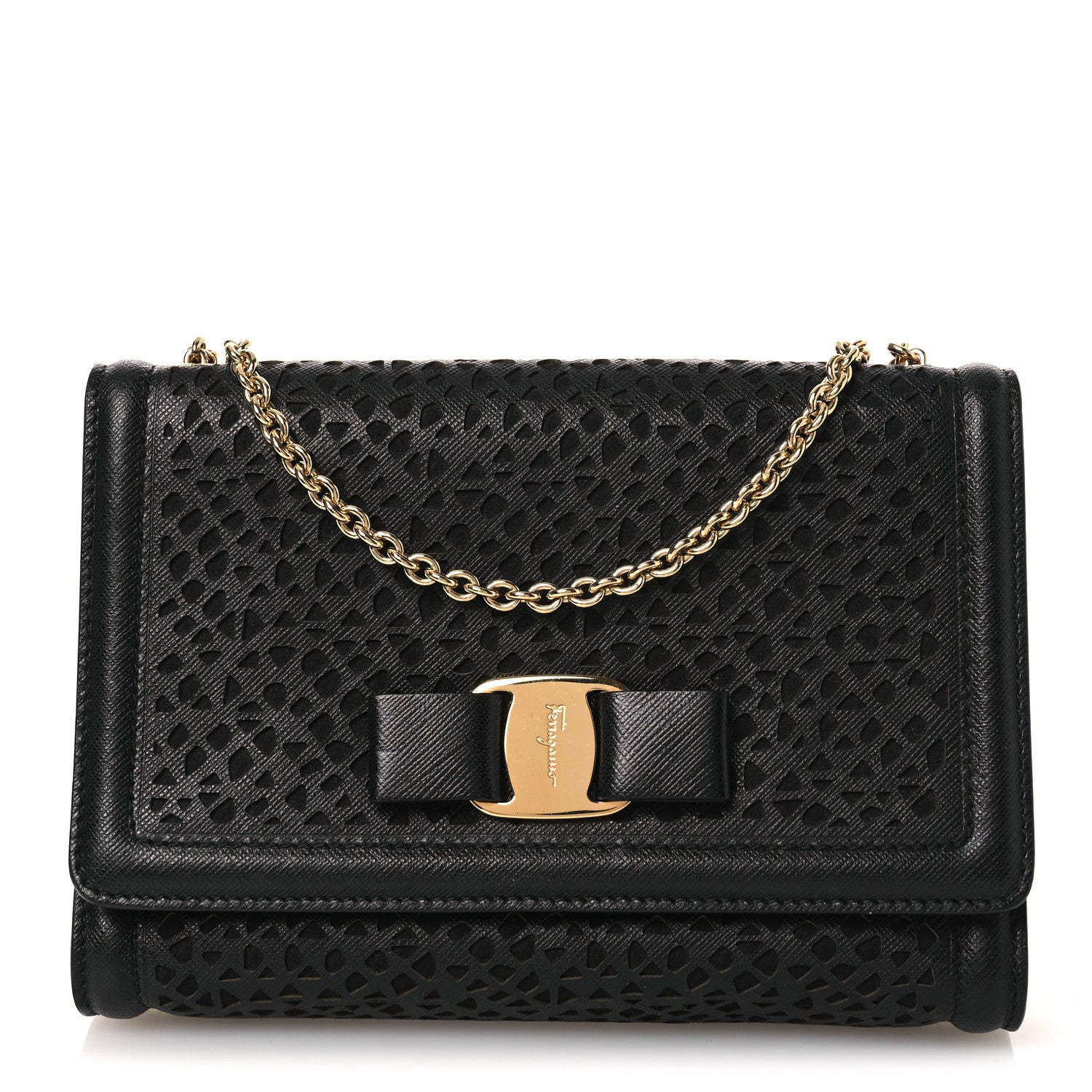 Salvatore Ferragamo Printed Calfskin Laser Cut Bow Mini Miss Vara Bow Chain Bag Black 1 of 11