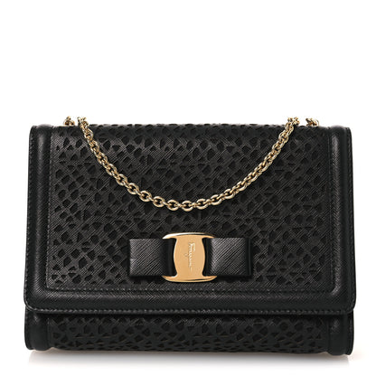 Salvatore Ferragamo Printed Calfskin Laser Cut Bow Mini Miss Vara Bow Chain Bag Black 1 of 11