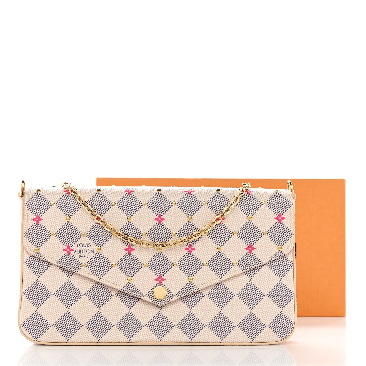 Louis Vuitton Damier Azur Studded Pochette Felicie Chain Wallet Fuchsia 11 of 11