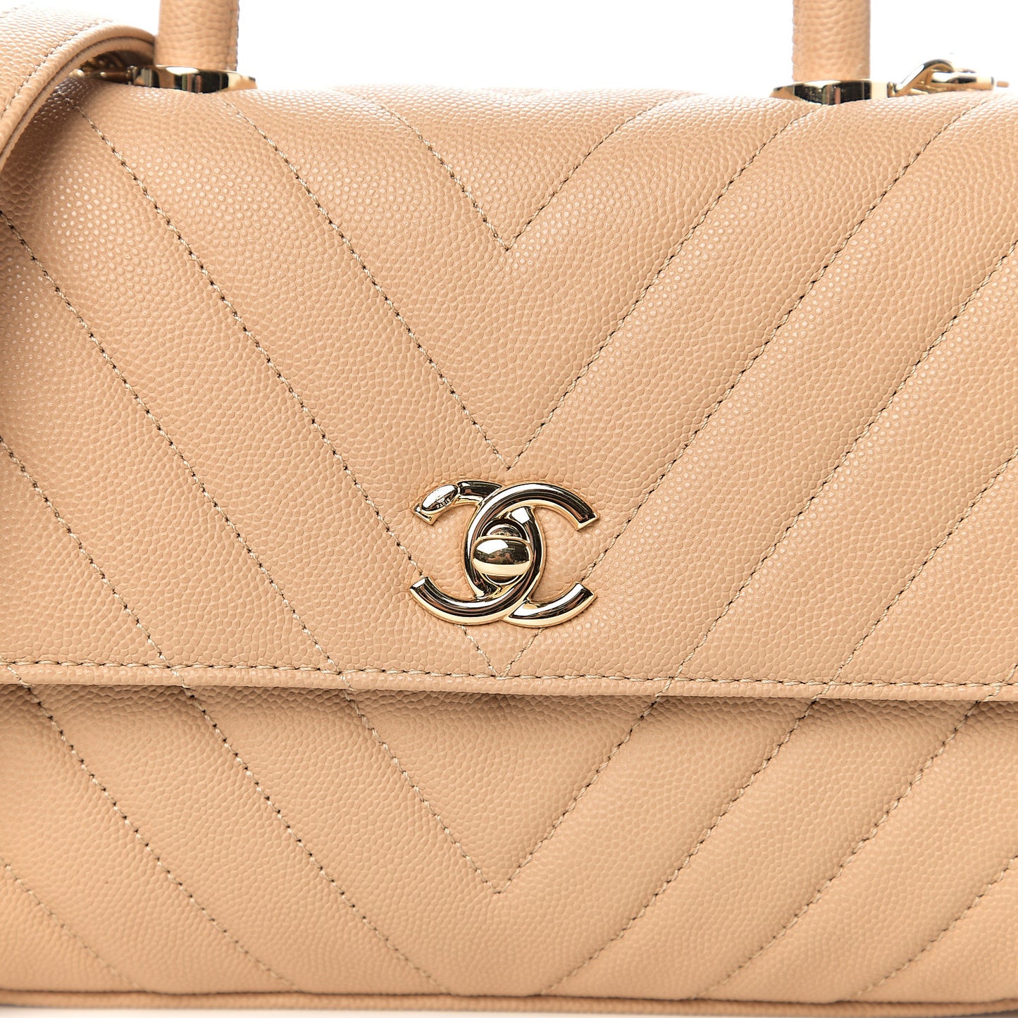Caviar Chevron Quilted Mini Coco Handle Flap Beige