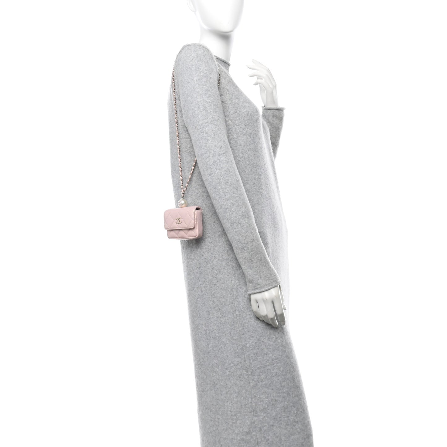 Iridescent Caviar Quilted Pearl On Top Coin Purse With Chain Light Pink