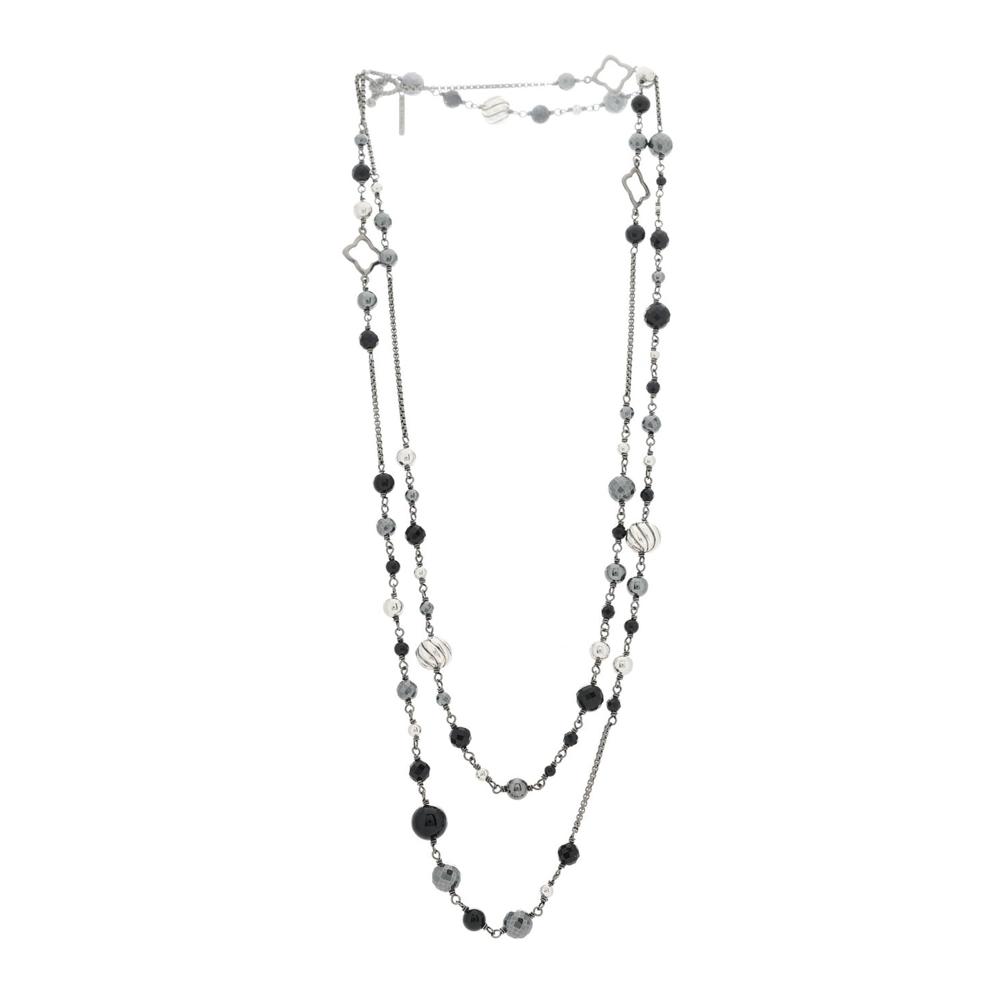Darkened Sterling Silver Black Onyx Hematite Quatrefoil Bead Chain Necklace