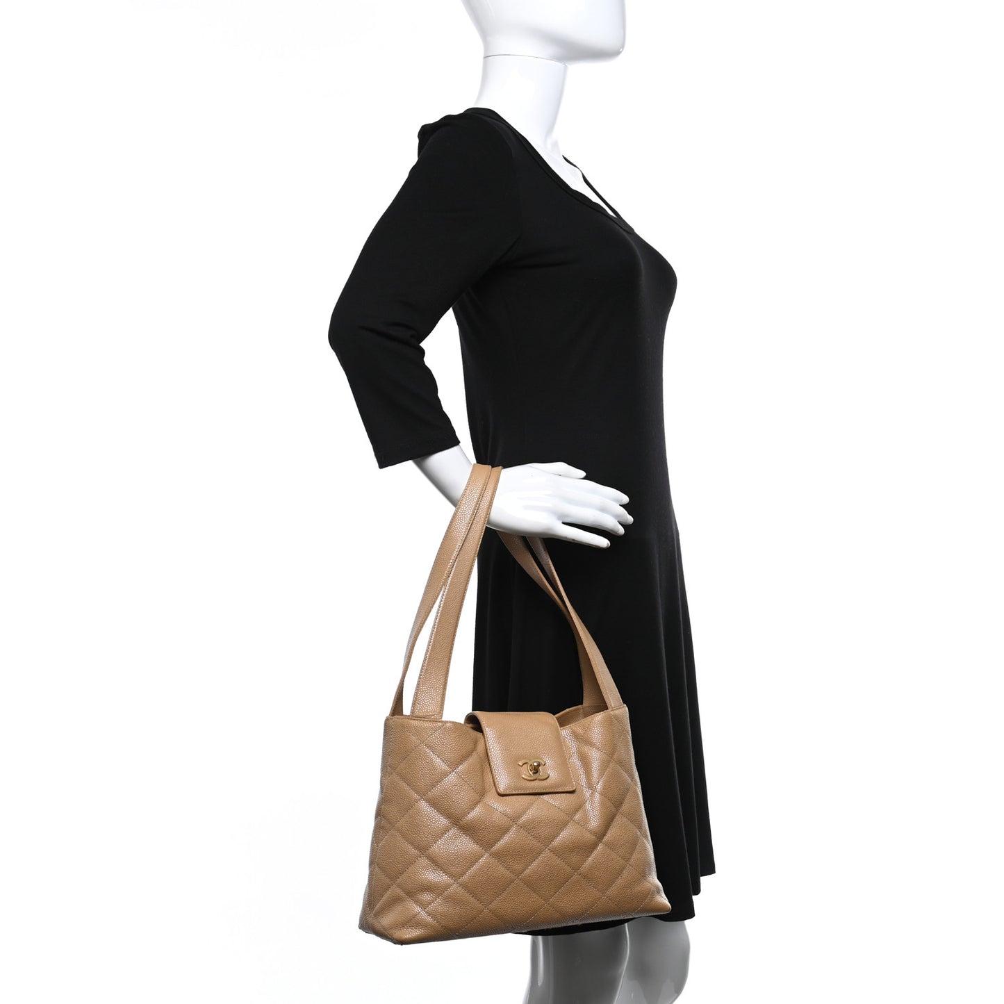 Metallic Caviar Quilted Shoulder Bag Beige