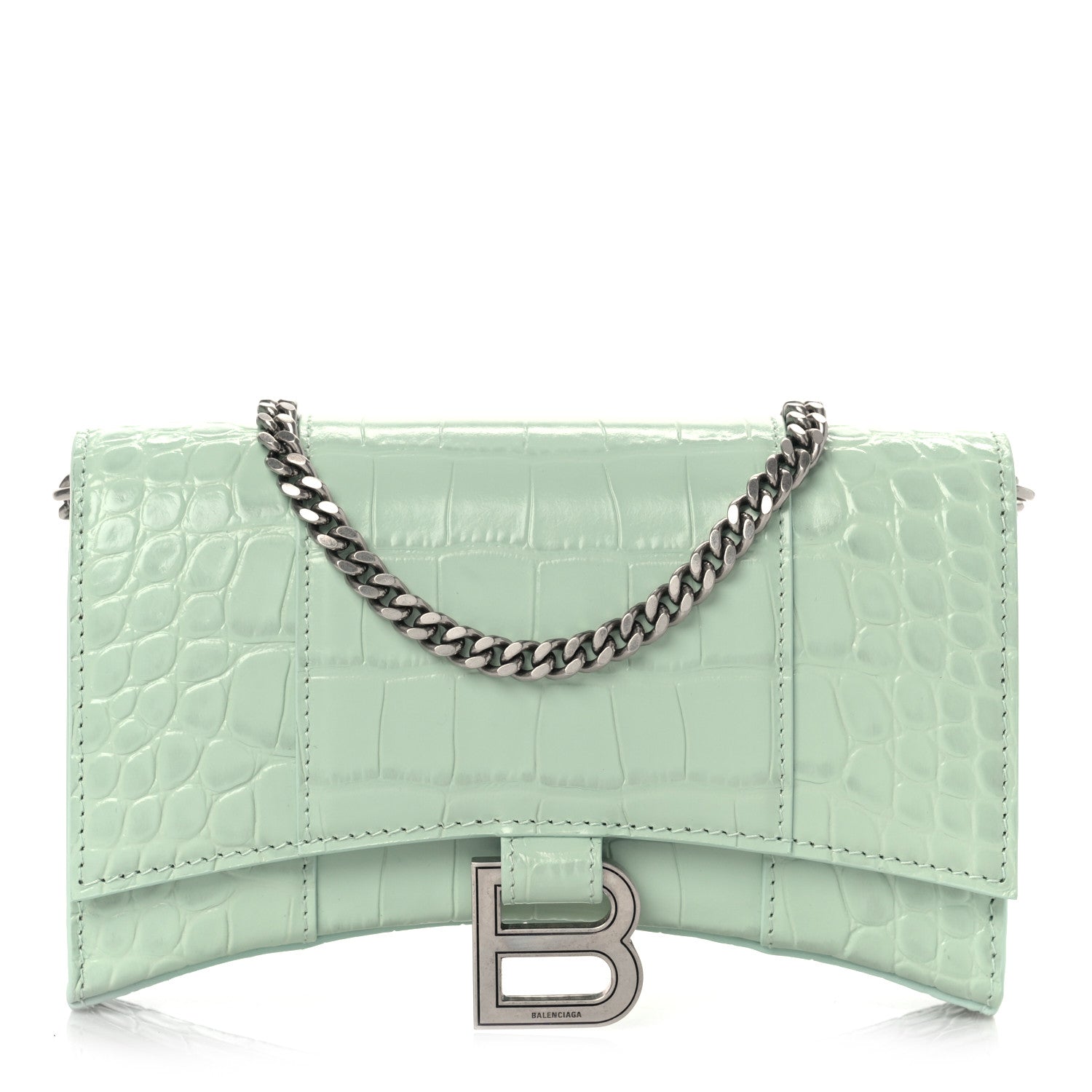 Balenciaga Shiny Calfskin Crocodile Embossed Hourglass Chain Bag Light Green 1 of 7