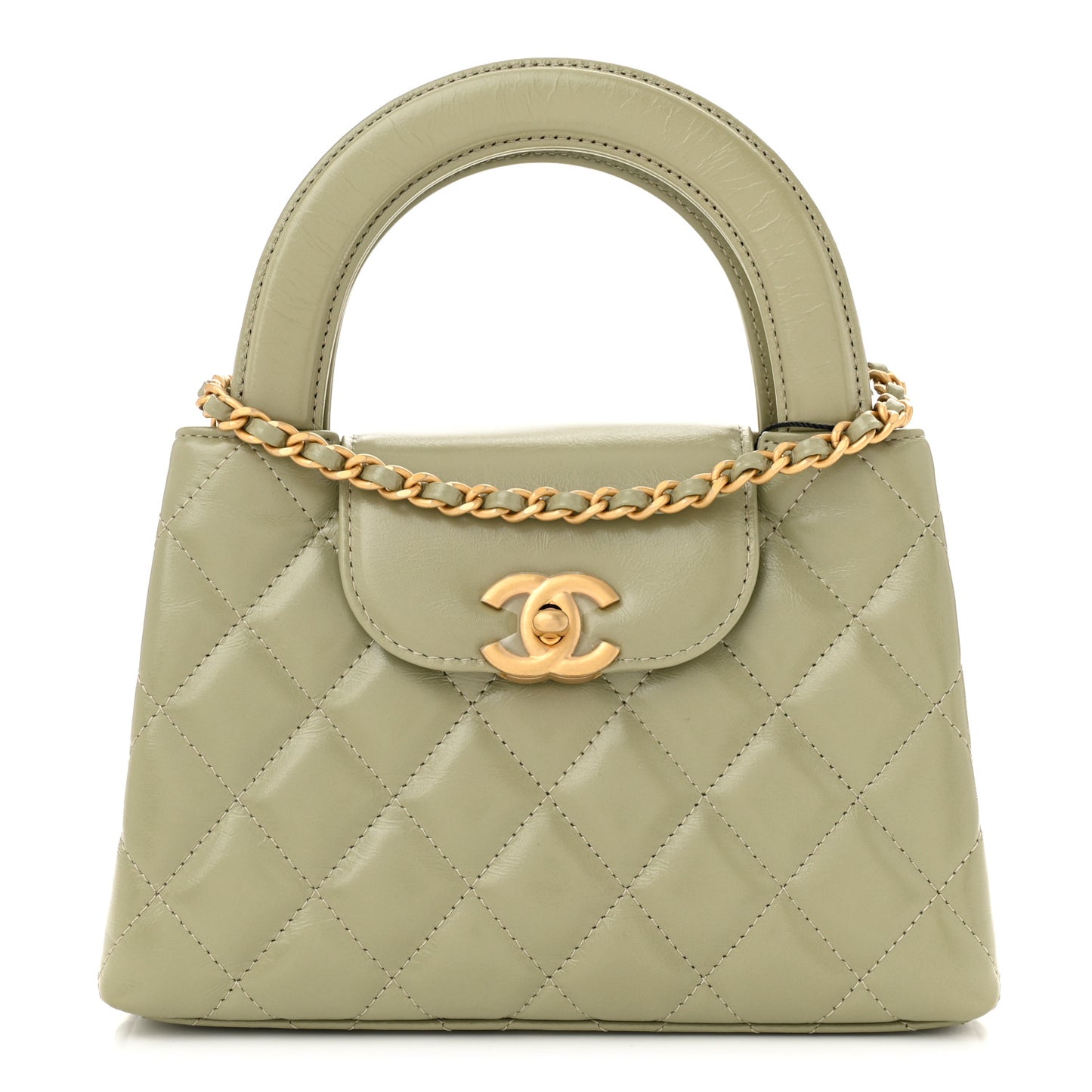 Shiny Aged Calfskin Quilted Nano Kelly Shopper Khaki