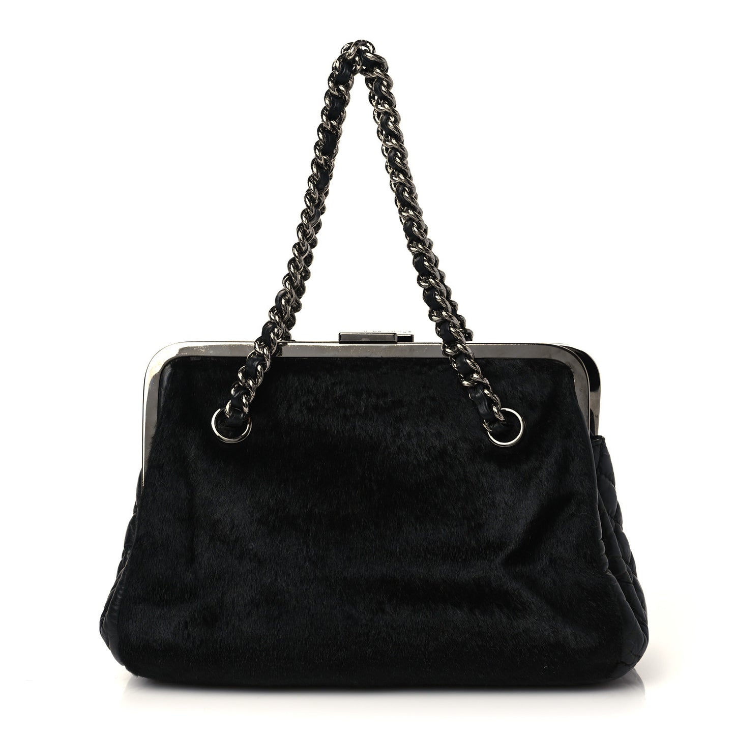 Pony Hair Lambskin Quilted Kiss Lock Frame Bag Black