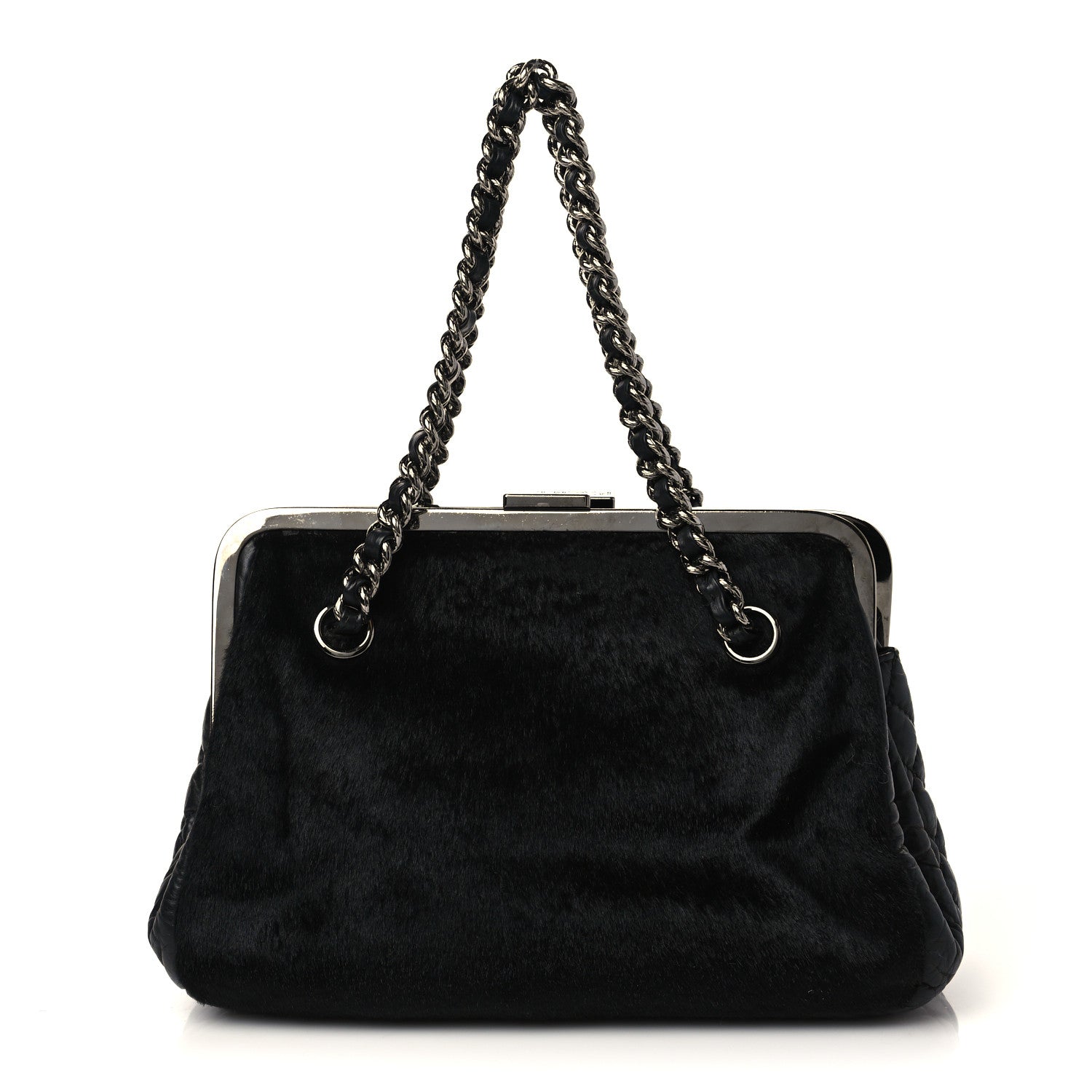 Chanel Pony Hair Lambskin Quilted Kiss Lock Frame Bag Black 1 of 9