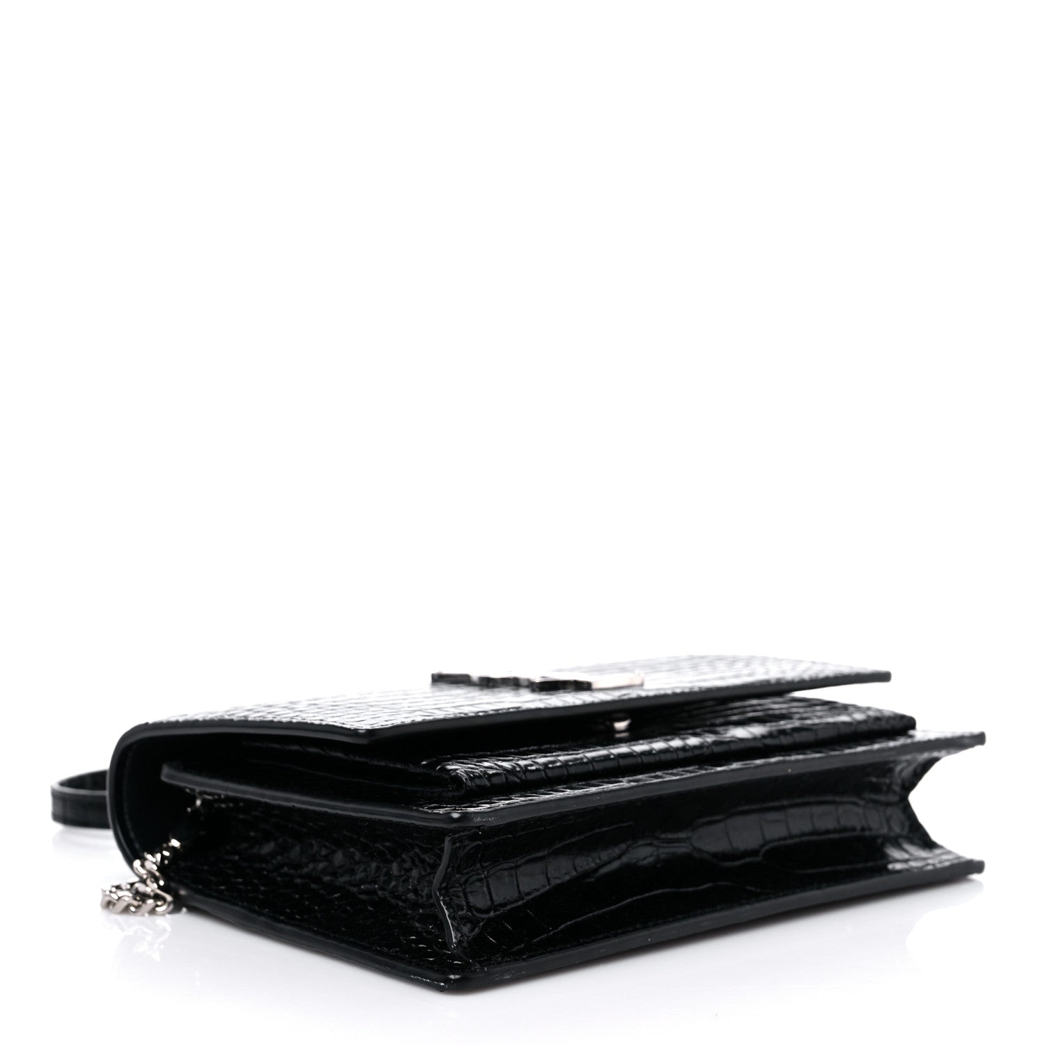 Saint Laurent Calfskin Crocodile Embossed Monogram Sunset Chain Wallet Black 4 of 11