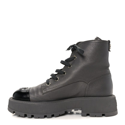 Chanel Grained Calfskin Shiny Calfskin CC Lace Up Combat Boots 41 Gray Black 1 of 11