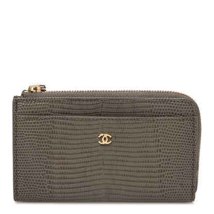 Chanel Calfskin Lizard Embossed Zip Card Holder Dark Khaki 1 of 8