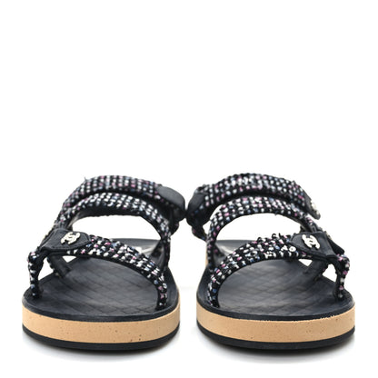 Chanel Glittered Tweed Lambskin Dad Sandals 37 Black Blue Pink White White 2 of 9