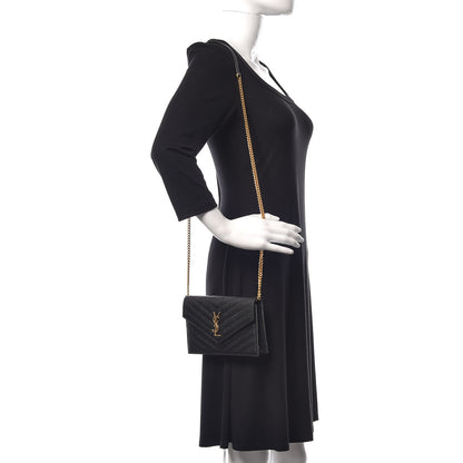 Saint Laurent Grain De Poudre Matelasse Chevron Monogram Envelope Chain Wallet Black 2 of 10