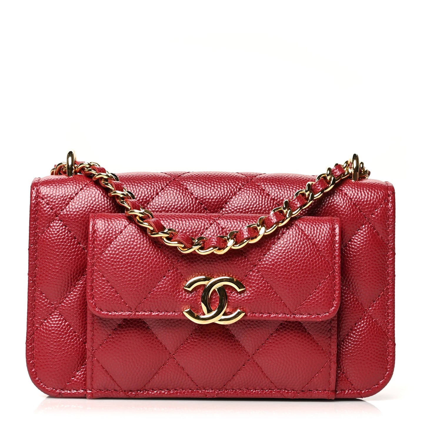 Caviar Quilted Pocket Twins Clutch With Chain Burgundy