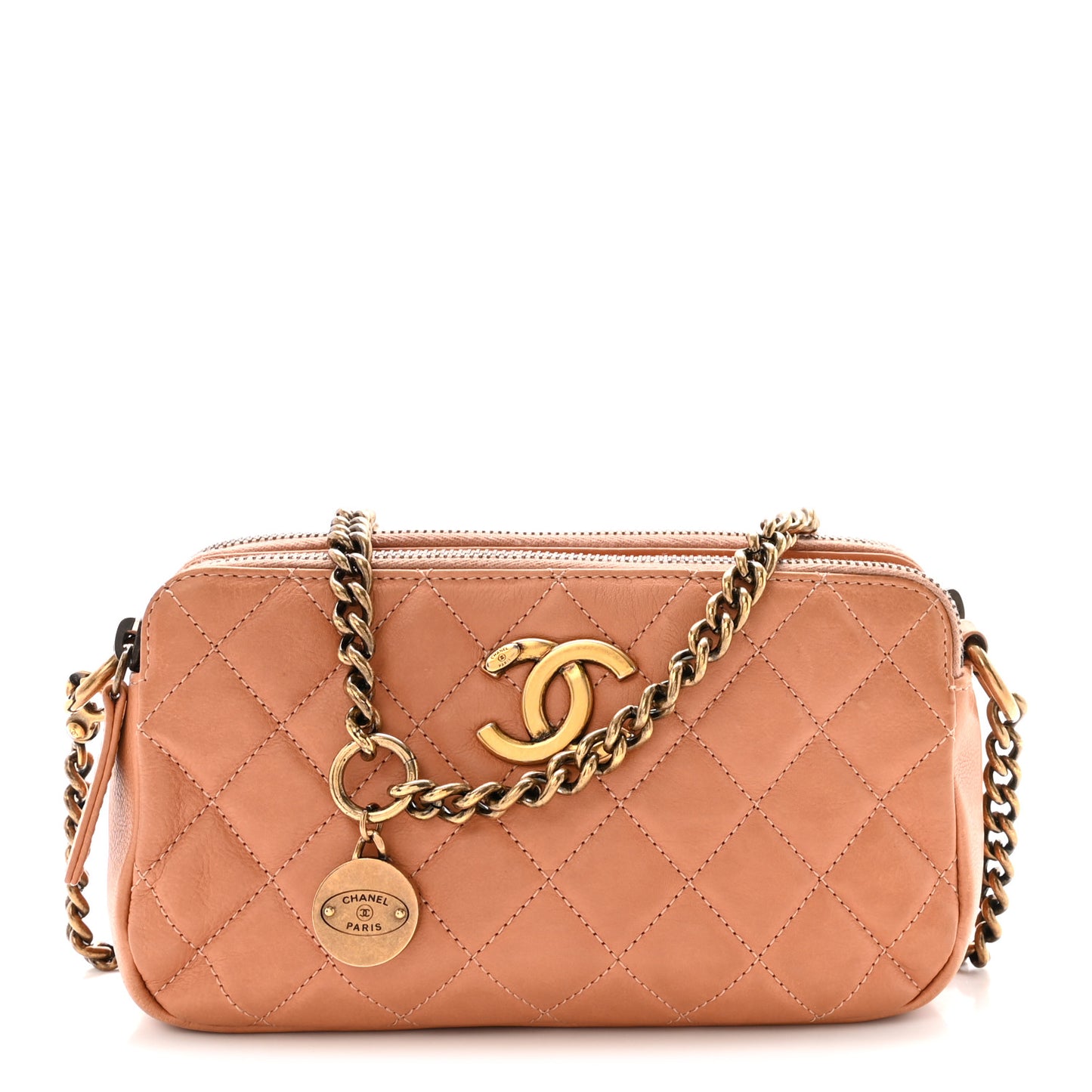 Calfskin Quilted Crown CC Double Zip Bag Beige