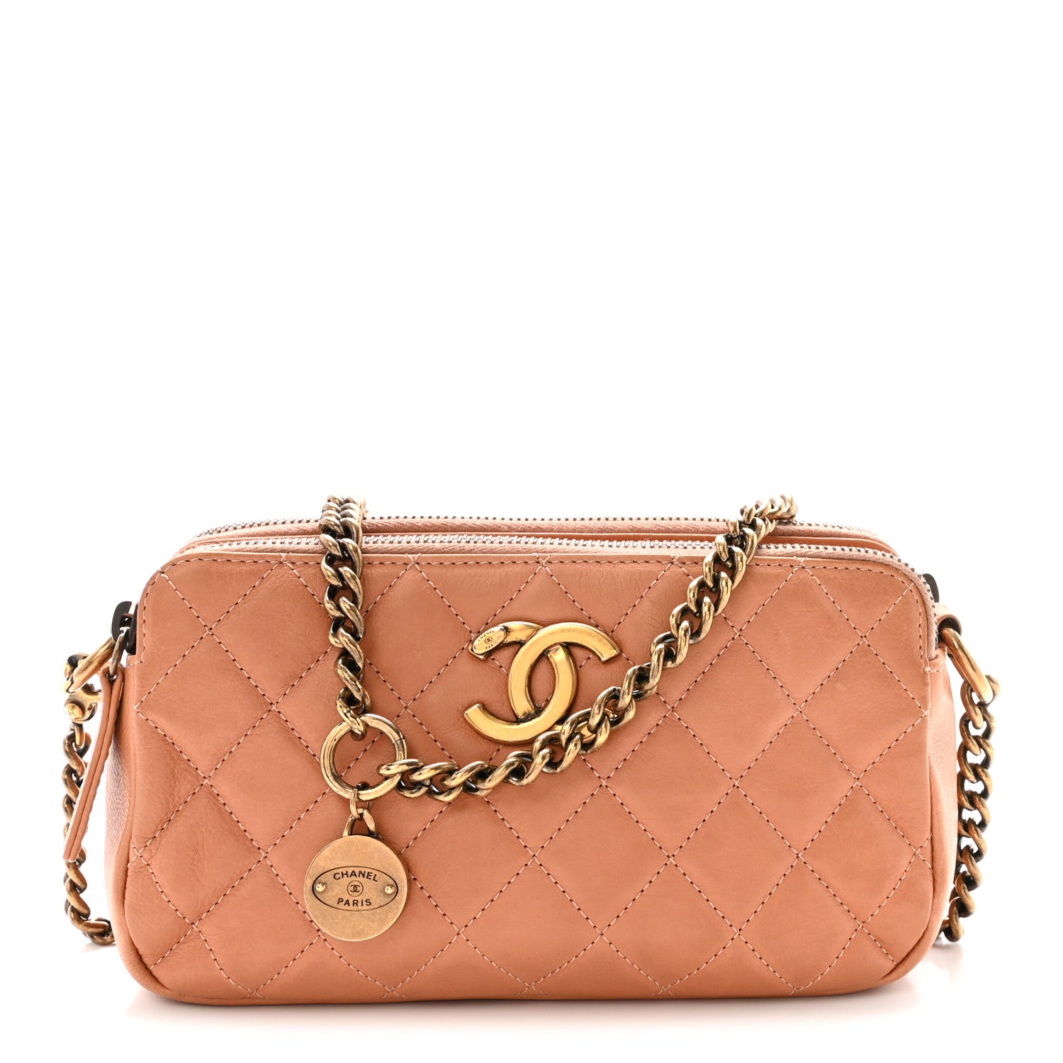 Chanel Calfskin Quilted Crown CC Double Zip Bag Beige 1 of 10