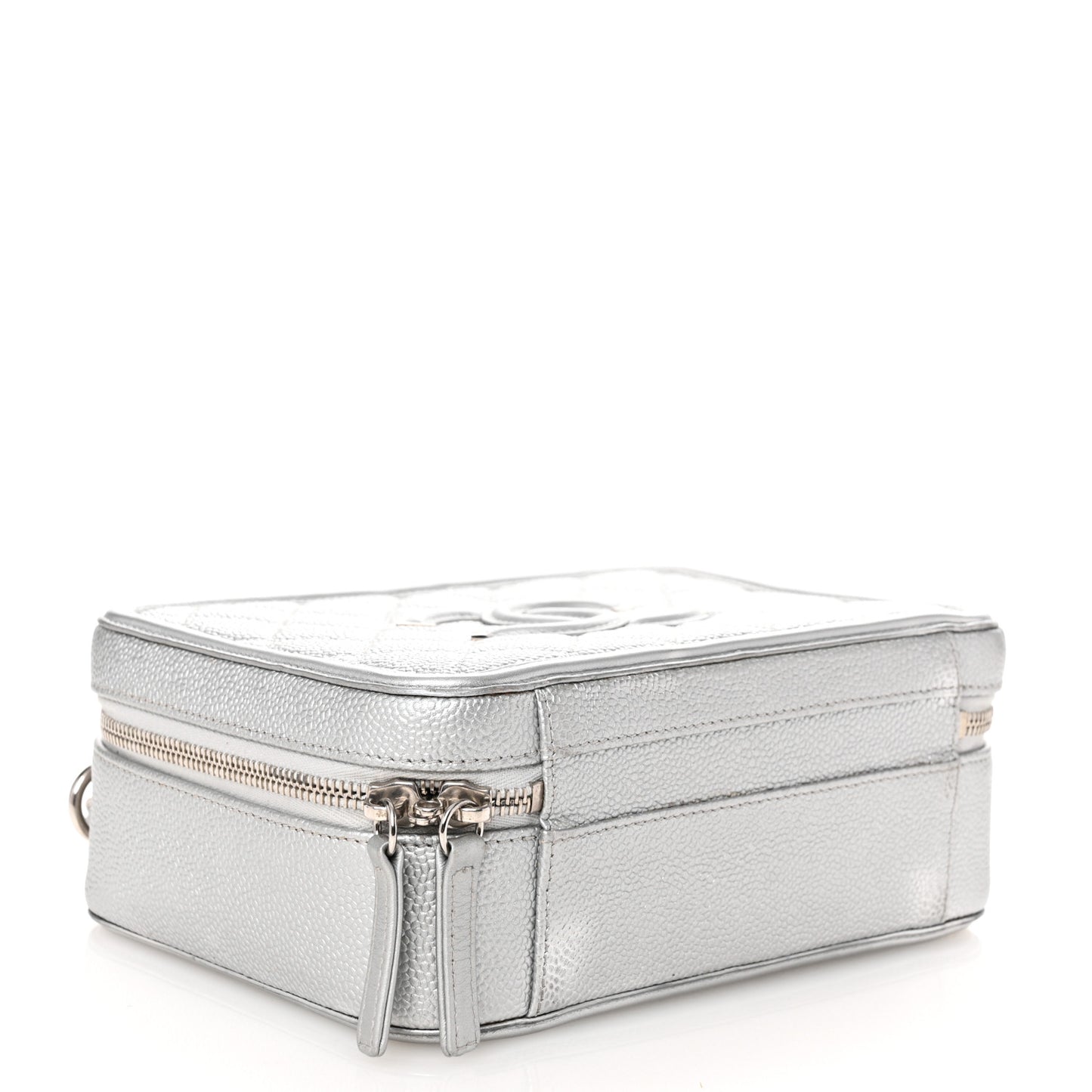 Metallic Caviar Quilted Medium CC Filigree Vanity Case Silver