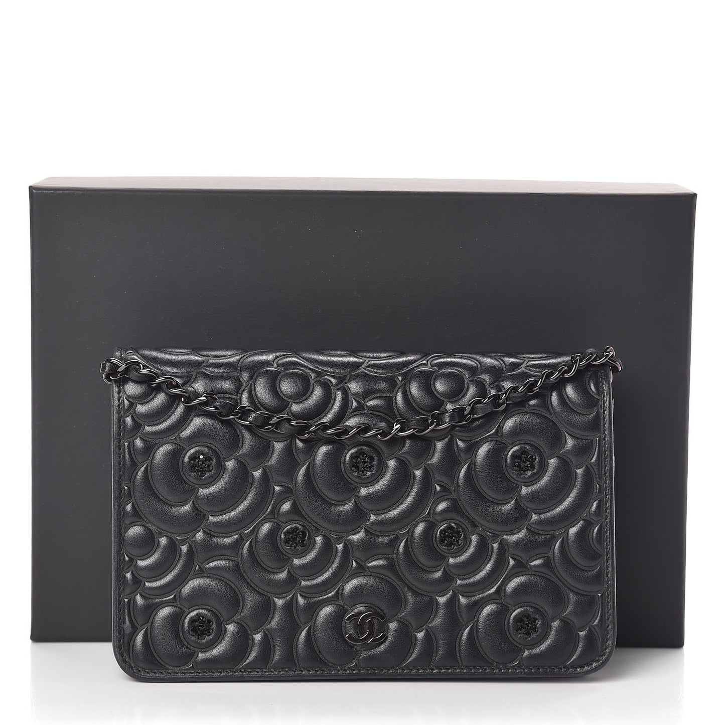 Lambskin Camellia Crystal Wallet on Chain WOC Black