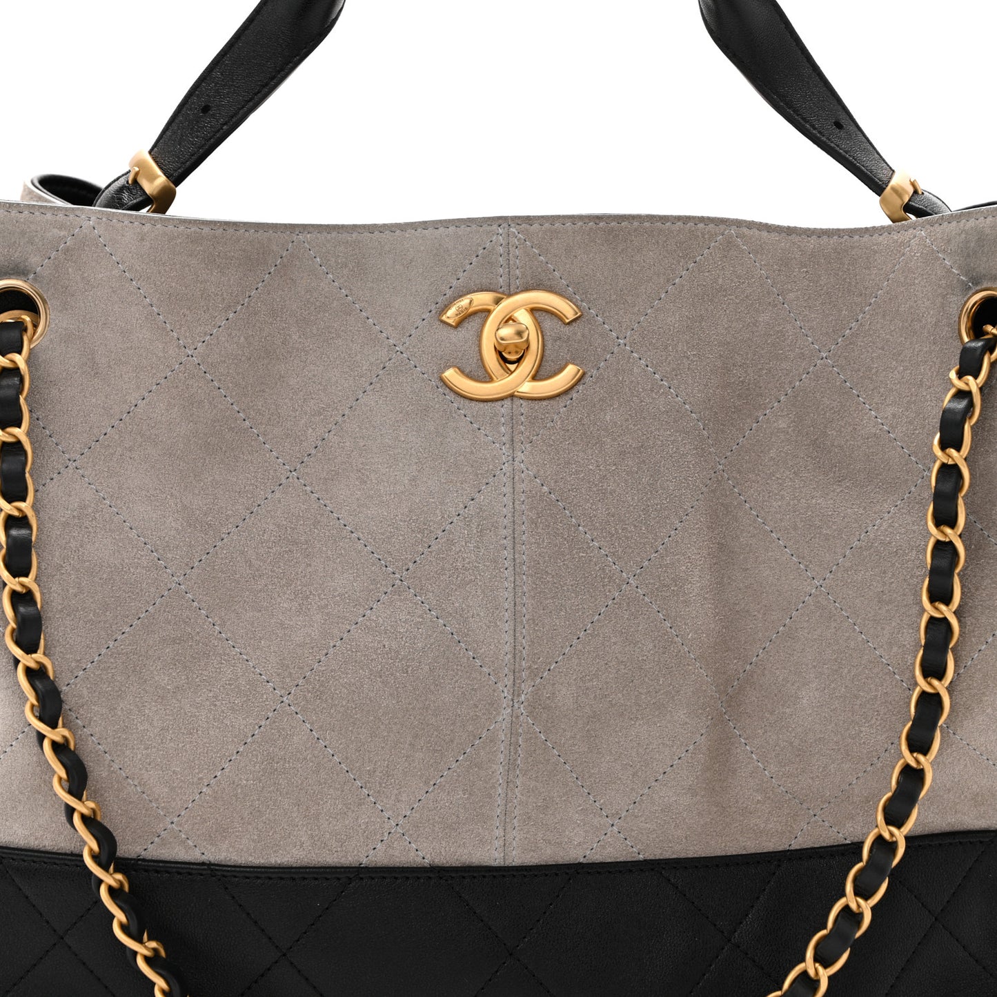 Suede Calfskin Shiny Lambskin Quilted Large Coco Base Shopping Bag Grey Black