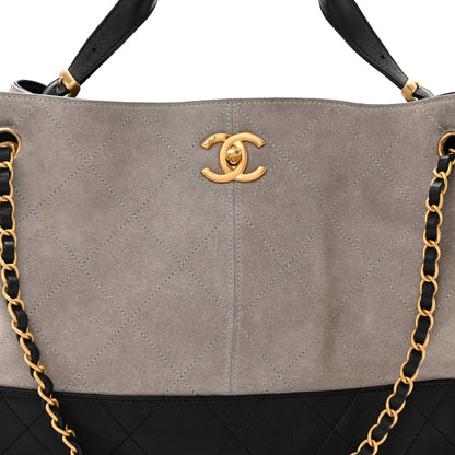Chanel Suede Calfskin Shiny Lambskin Quilted Large Coco Base Shopping Bag Grey Black 8 of 10