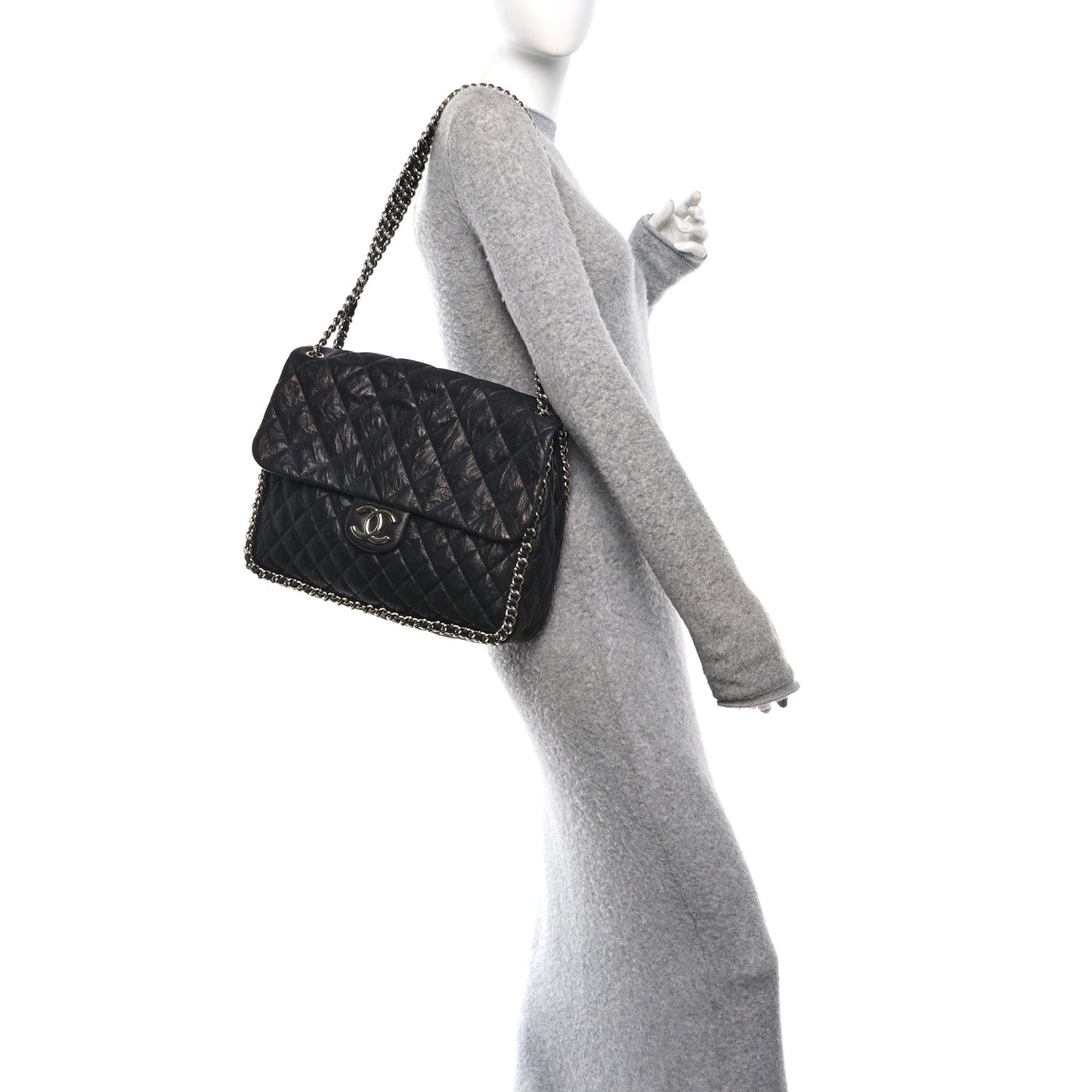 Washed Lambskin Quilted Maxi Chain Around Flap Black