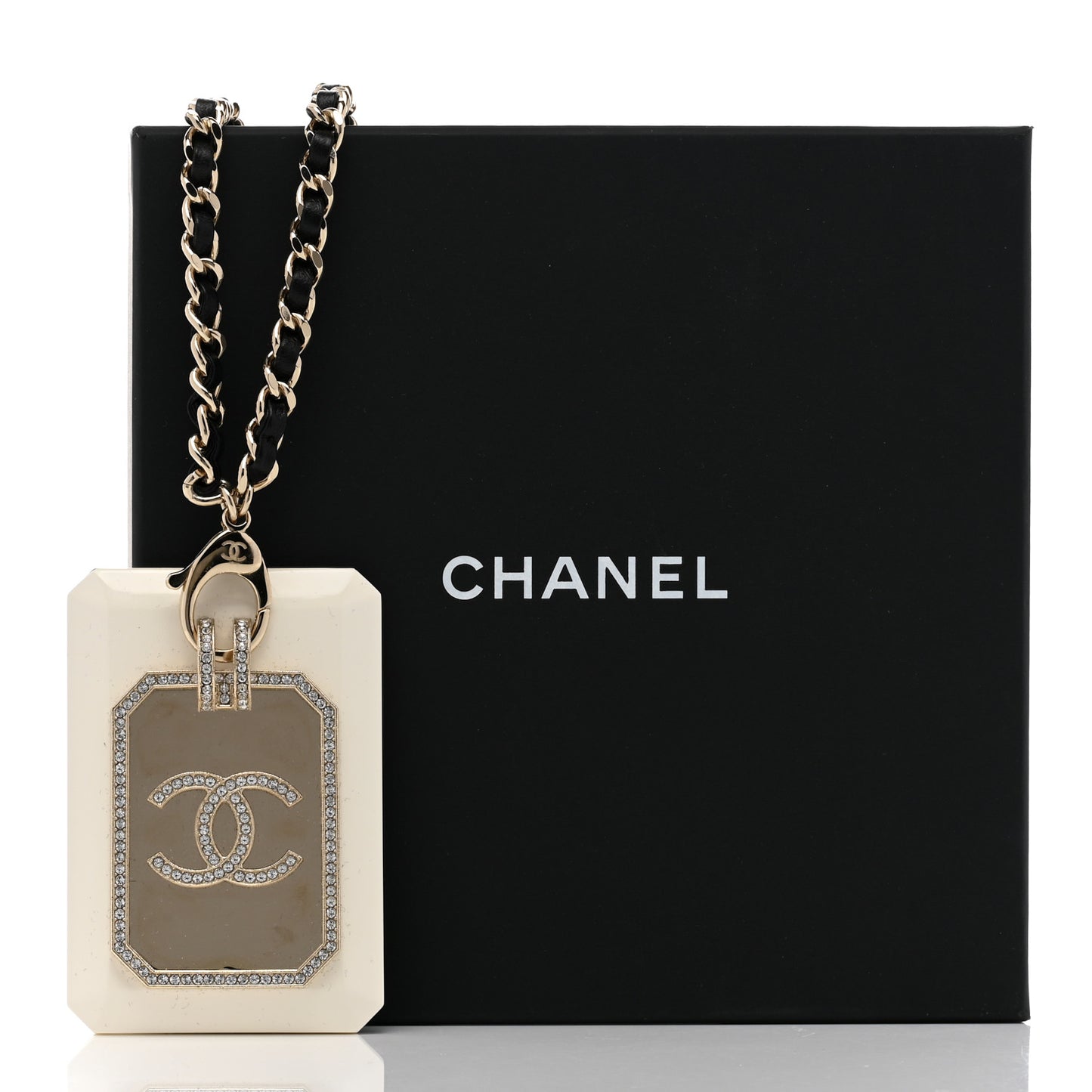 Resin Crystal Lambskin CC Cardholder Pendant Necklace Gold White