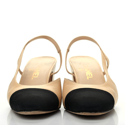 Chanel Goatskin Grosgrain Cap Toe CC Slingback Pumps 39 Beige Black 2 of 16