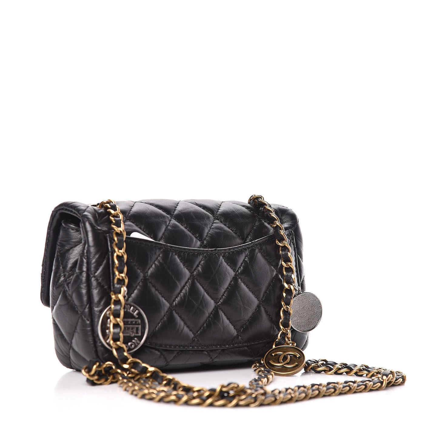 Aged Calfskin Quilted Extra Mini Medallion Flap Black