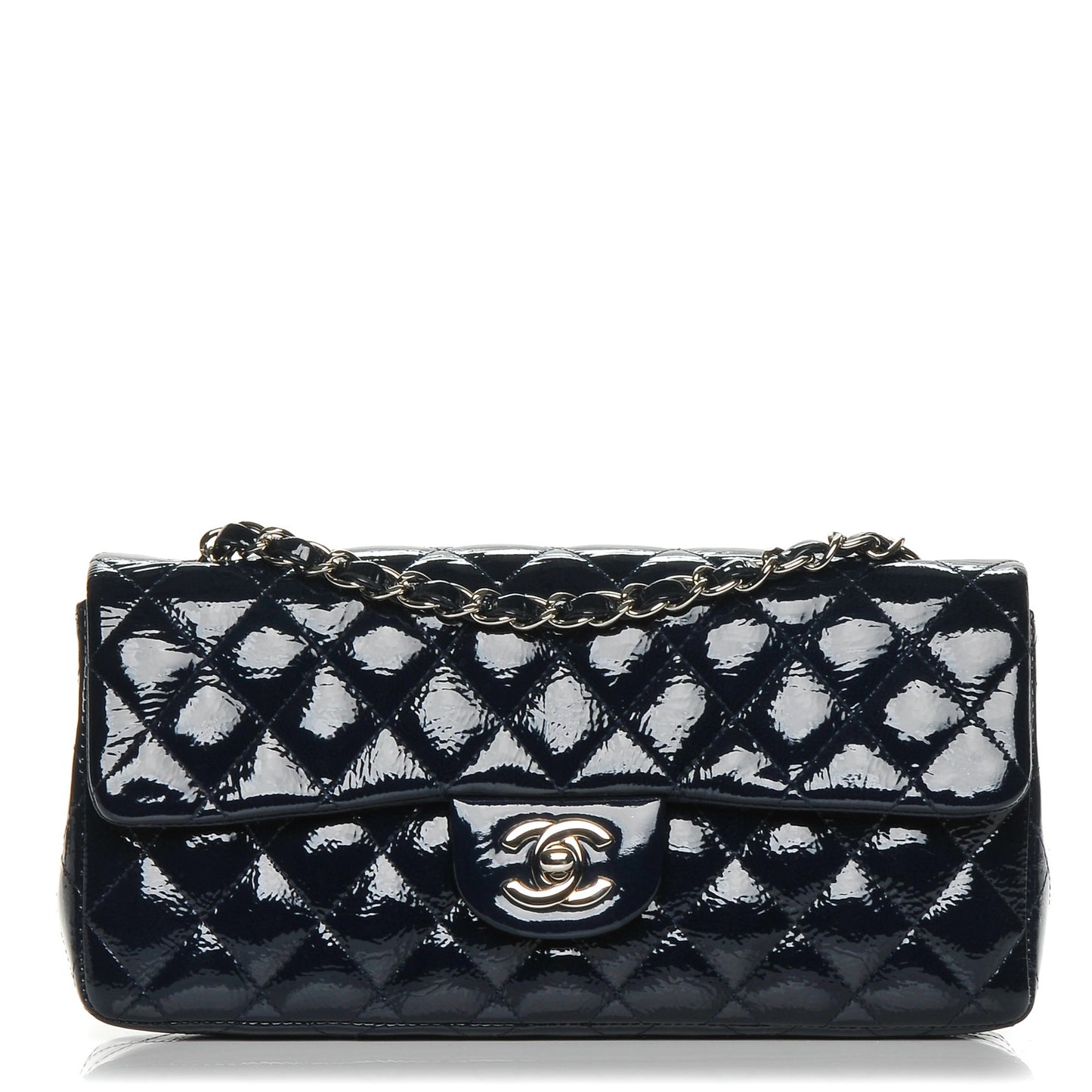 Distressed Patent Quilted East West Flap Navy Blue