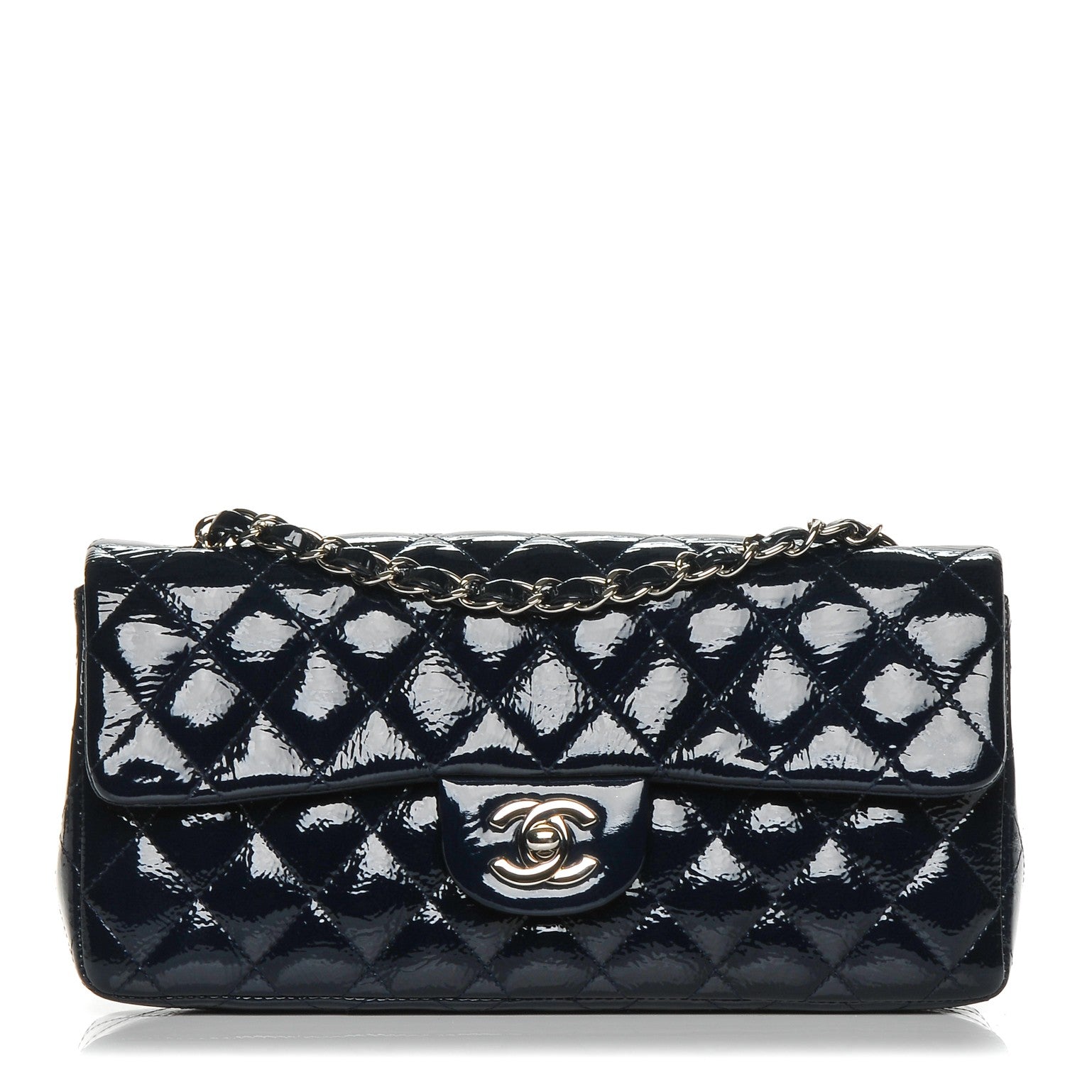 Chanel Distressed Patent Quilted East West Flap Navy Blue 1 of 9