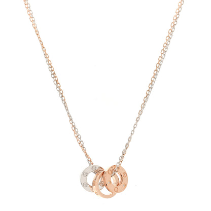 Cartier 18K White Pink Gold Diamond Three Ring LOVE Pendant Necklace 1 of 5