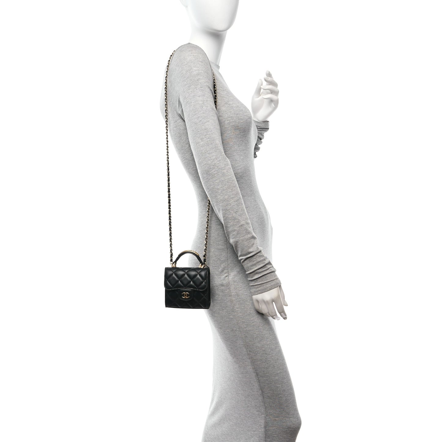 Lambskin Quilted Metal Top Handle Flap Clutch With Chain Black