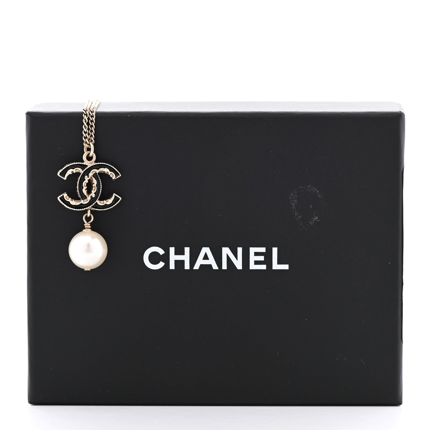 Enamel Pearl CC Baroque Drop Necklace Black Gold