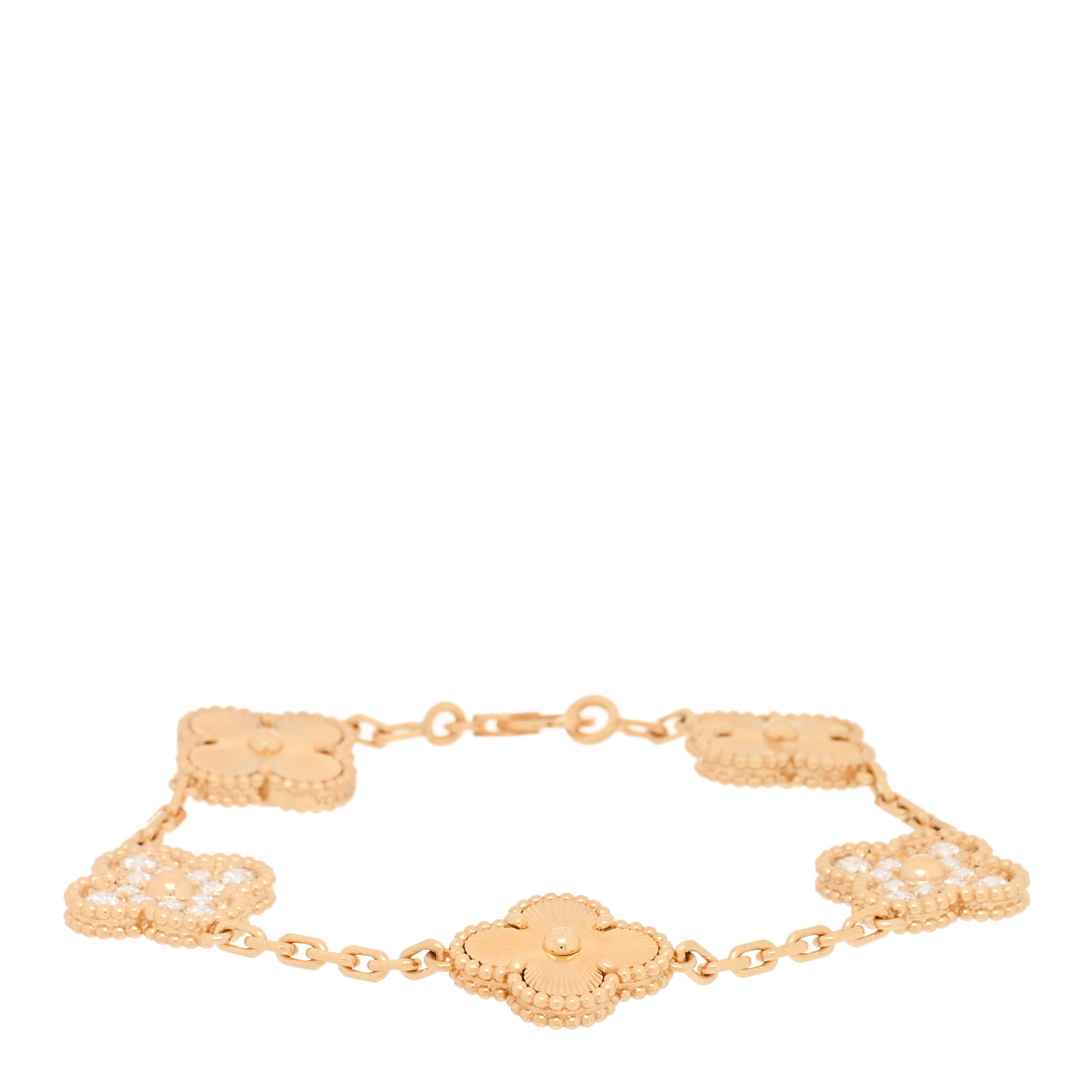 18K Yellow Gold Diamond 5 Motifs Guilloche Vintage Alhambra Bracelet