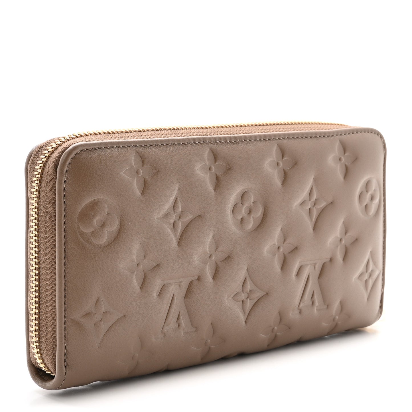 Lambskin Embossed Monogram Coussin Zippy Wallet Taupe