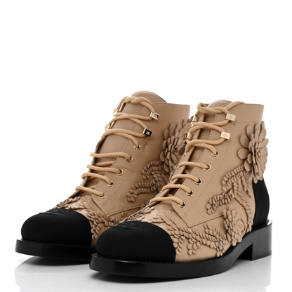 Chanel Embroidered Lambskin Grosgrain Lace Up Boots 40 Beige Black 3 of 8